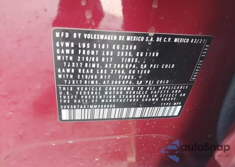 2021 Volkswagen Tiguan 2.0T Se/2.0T Se R-Line Black/2.0T Sel z USA, uszkodzony, nr VIN 3VV3B7AX1MM086600